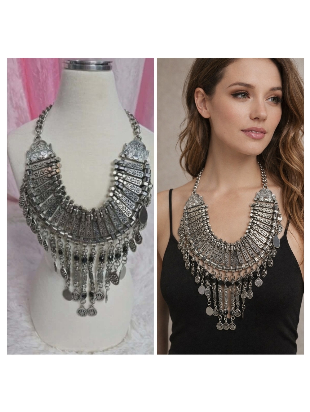 Vintage Exquisite  Silver Tone Bib Drop Statement Necklace  6x9